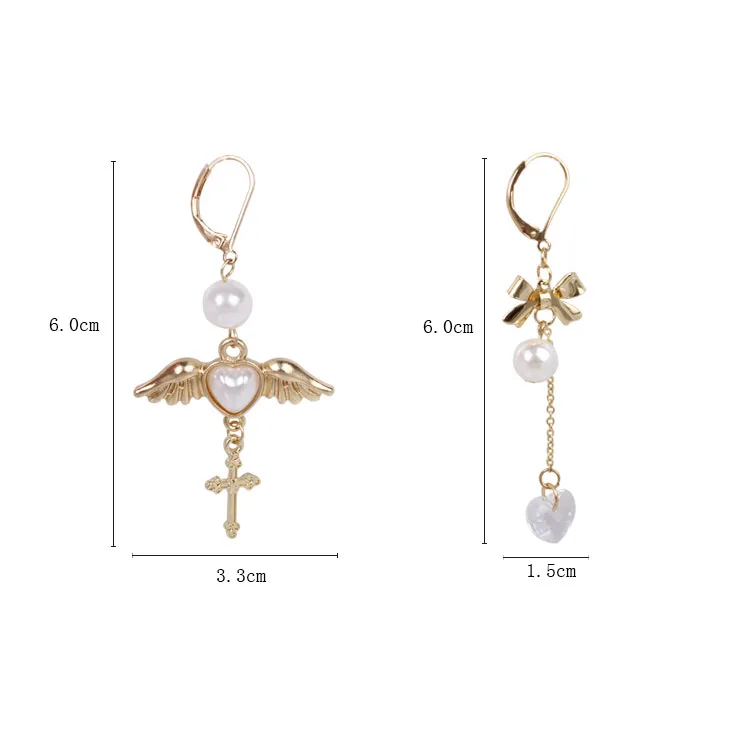 Factory Wholesale Japanese Angel Wings Heart Cross Crystal Earrings