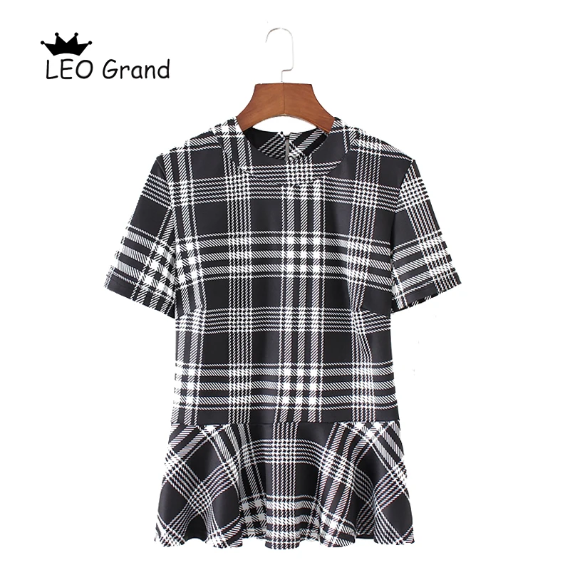Leo Grand/Винтажные рубашки в клетку женские с оборками короткими рукавами и круглым