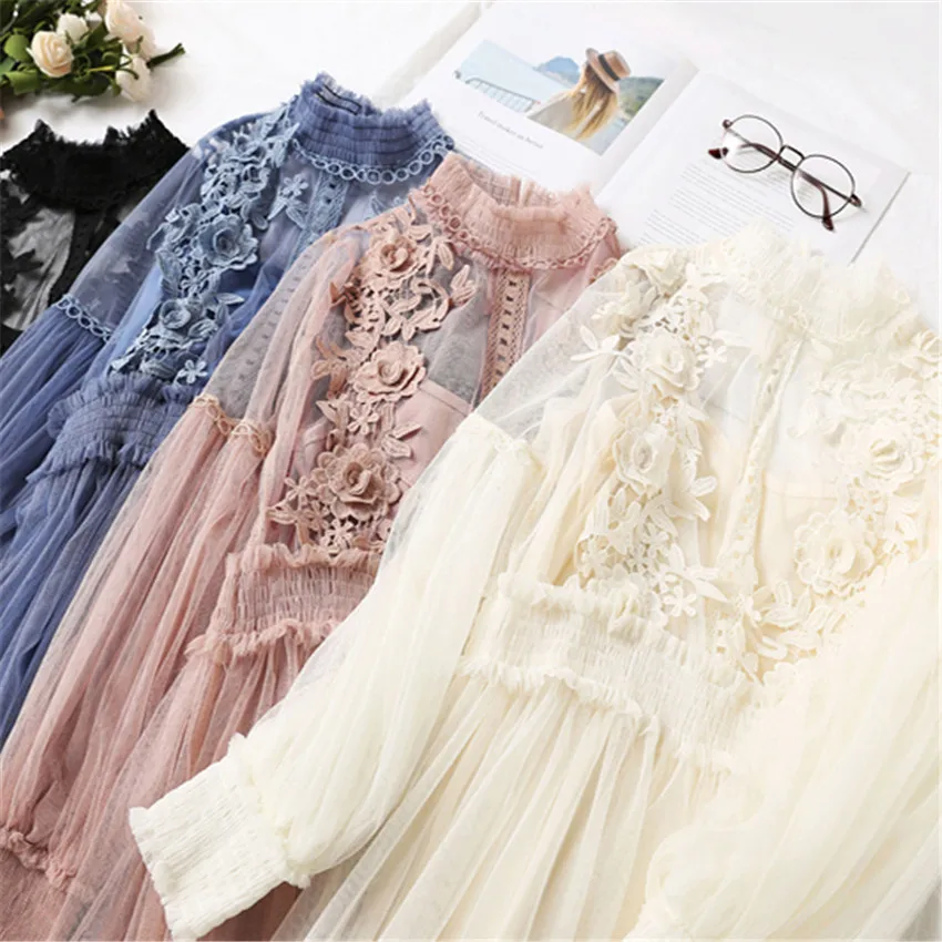 2018 New Fashion Spring Women Flower Lantern Sleeve Dresses Summer Two Piece Mesh Dress Long Sexy Dress Clothing Vestidos WZ196