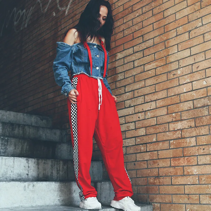 

TREND-Setter 2018 Autumn Plaid Stitching Retro Red Pants Loose High Waist Straps Casual Wide Leg Pants Female Trousers