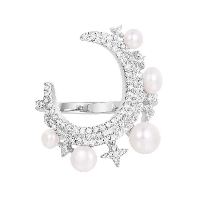 

SLJELY 925 Sterling Silver One Thousand and One Night Star Moon Pearl Ring Micro Cubic Zirconia Women May Collection Jewelry