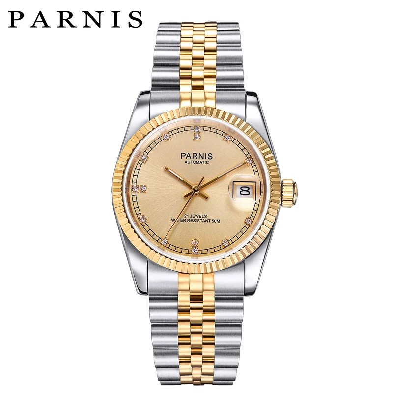 

Luxury Gold Watch Men 36mm Parnis Japan 21 Jeweles 316L Stainless Steel Automatic Movement Mechanical Men's Wristwatch