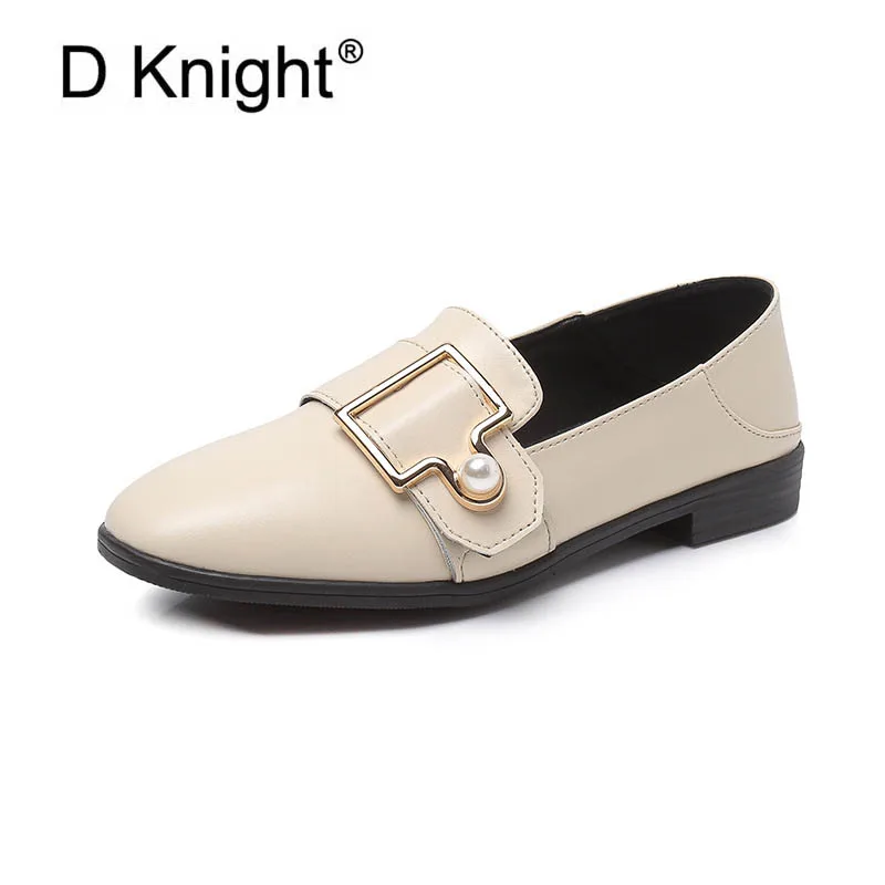 

New Women's Casual Flat Slip-on Loafers Shoes Fashion Pearl Big Metal Buckle Decoration Flats For Women Size 34-43 Ladies Flats