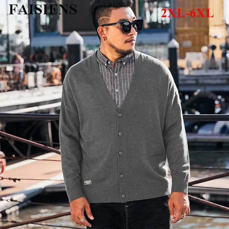 

FAISIENS Winter Men Sweaters Large Size V Neck Long Sleeve Cardigan Homme Solid Gray Black 5XL 6XL Slim Men Knitted Sweater