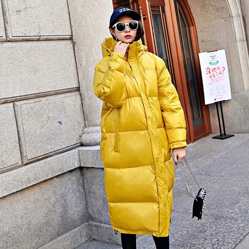 Waterproof Glossy Winter 90% White Duck Down Jacket Women Hooded Long Down Parka New Arrival Straight Womens Down Coats 168 - Цвет: Yellow