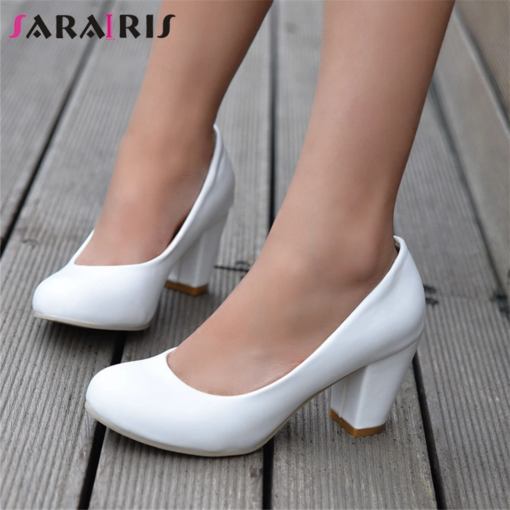 

SARAIRIS 2019 New Solid Square High Heels Round Toe Shallow Shoes Woman Casual Office Ol Spring Autumn Pumps Plus Size 31-47