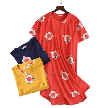 

Women Loose Nightgown Round Neck Cute Piglet Printed Comfort Summer New Leisure Wear Short Sleeve Ladies Soft Cotton Homewear