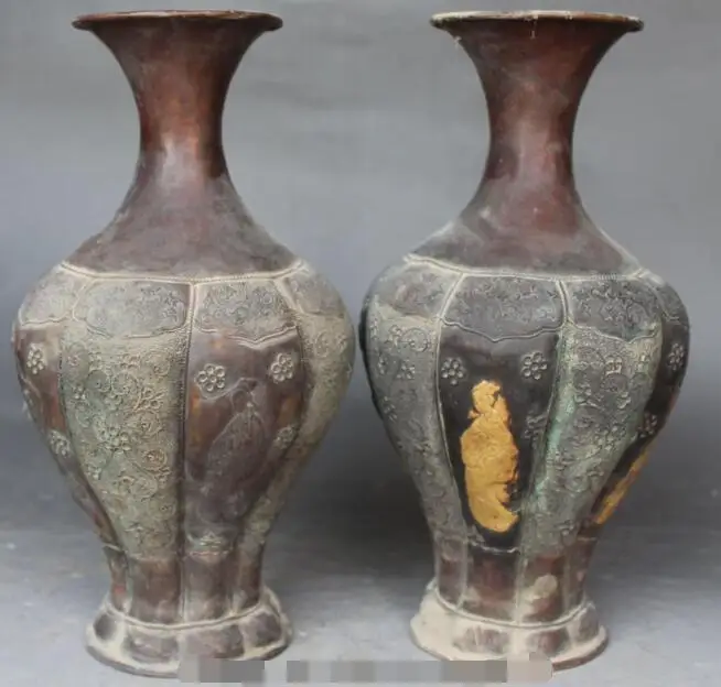 

S2025 12"Old Chinese Dynasty Bronze Gilt Four Big Belle Flower Vase Statue Pair discount 30% (C0324)