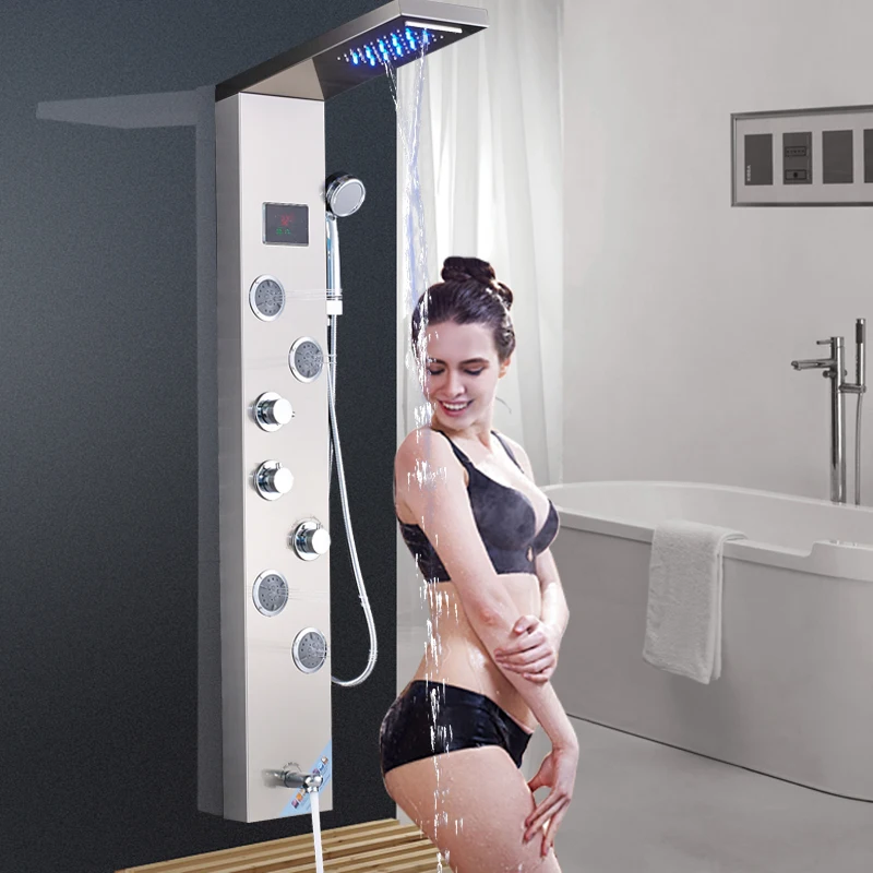 

Shower Panel LED Nickel Brushed Wall Mounted Bathroom Waterfall Shower Faucet Shower Panel Column With Hand Sprayer
