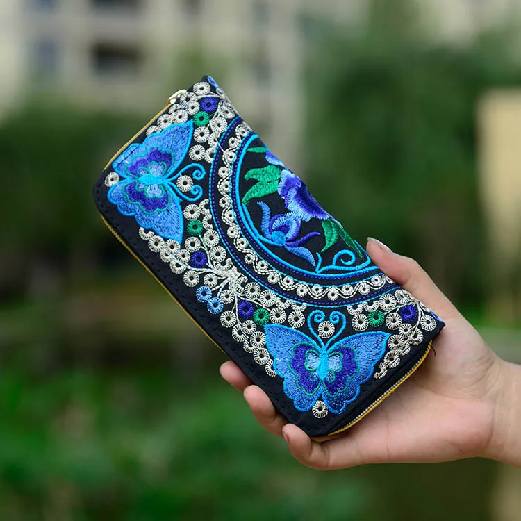 

Women Wallets Brand Exquisite Embroidered Double Faced Floral Long Design Canvas Zipper National Trend Purse Card Holder