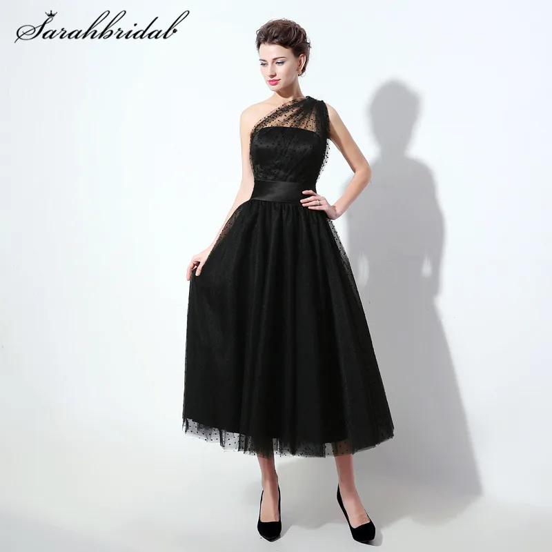 

Elegant Simple Tulle Black Prom Homecoming Dresses A-Line Tea-Length Handwork One-Shoulder Evening Dresses Sleeveless Hot SD337