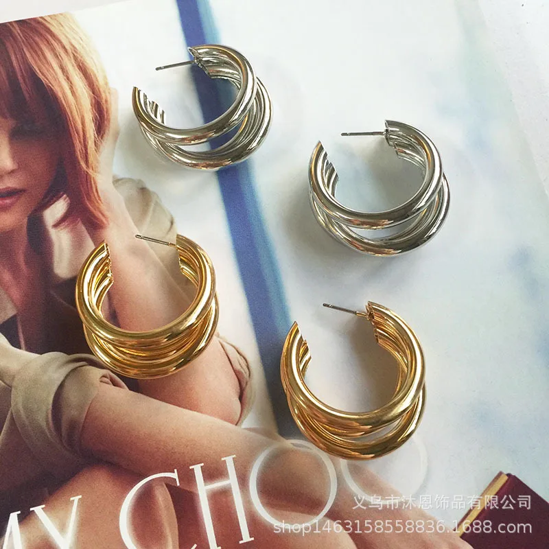 3 Layered Gold Silver Color Metal Earrings For Women Wedding Geometric Round Circle Statement Earing Fashion Jewelry Earrings