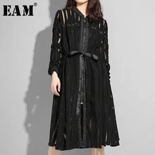 [EAM] новое осенне-зимнее Свободное платье с воротником-стойкой и длинным рукавом в черную полоску на молнии Женская мода JS958