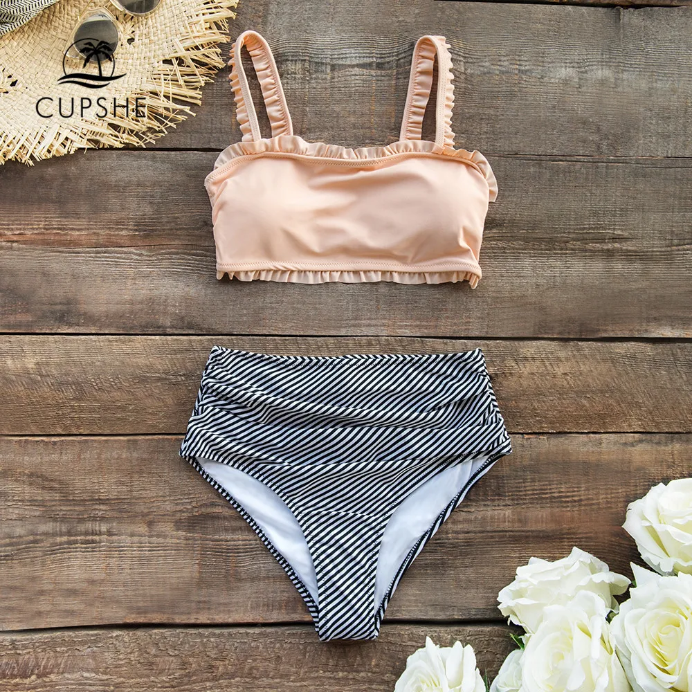 Günstig CUPSHE Ruffled Bandeau Bikini Mit Hoher taille Bottom Badeanzug Zwei Stück Bademode Frauen 2019 Mädchen Strand Badeanzüge