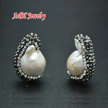 

2015 New Arrival Natural Baroque Freshwater Pearls With Rhinestone Crystal Half Paved Beads Mohican Hair Shape DIY Findings 5pcs
