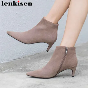 

Lenkisen 2018 british style med kitten heels cow suede oxford pointed toe .zipper solid sweet girls european short boots L89
