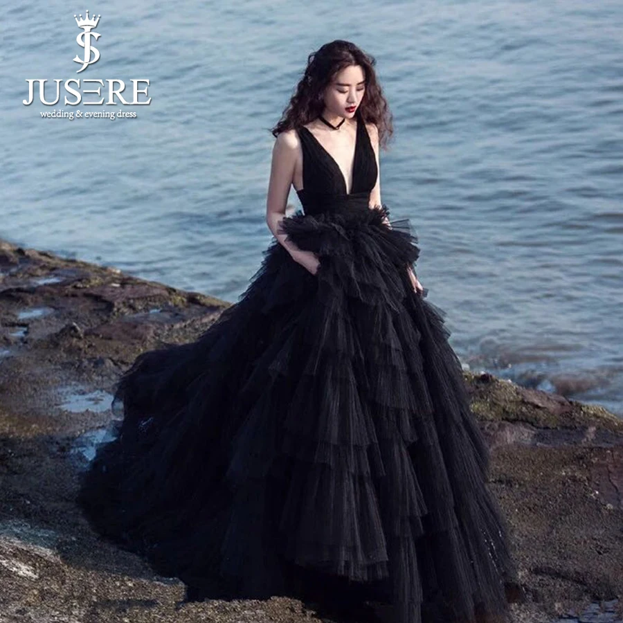

Black Elegant A line Sexy V Neckline Tiered Open Low Back Tiered Skirt Tulle Red Formal Prom Lady Wear Evening Dresses 2018