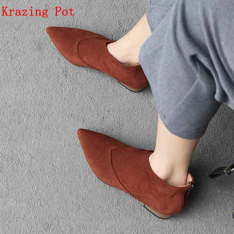 

Krazing Pot new flock material square low heels ankle boots concise zipper pointed toe solid keep warm gladiator winter shoe l50