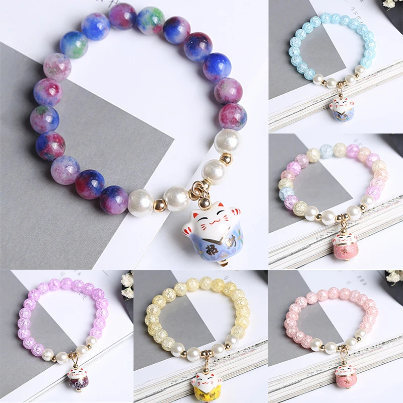 Women Lucky Cat Beaded Bracelets Crystal Charm Bangle Handmade  FashionJewelry Gift Multicolor