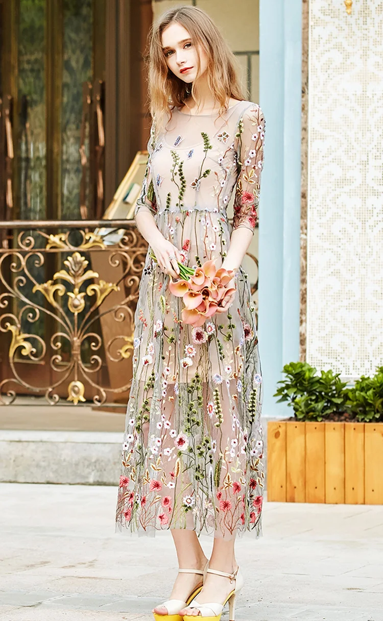 Floral O Neck Half Sleeve High Waist Long Dress