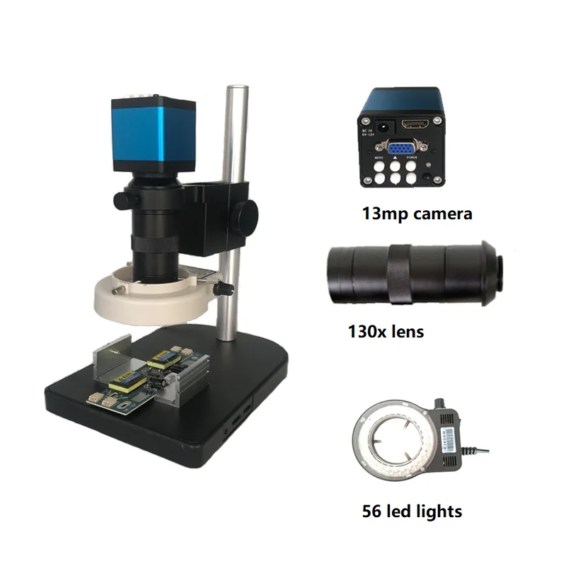 

Blue Full set 2 in 1 13MP HMID VGA outputs Industrial Microscope Camera with 56 Led stand for PCB /LAB test phone repairing