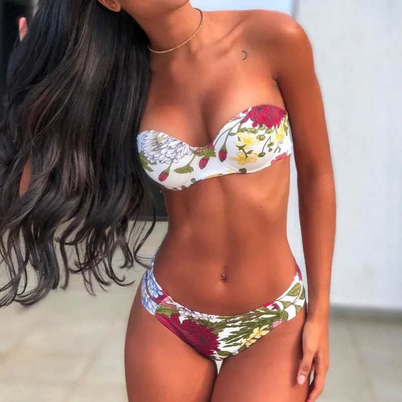 

Women Push-up Bikini 2019 Print Bandeau Padded Bra Bandage Swimsuit Triangle Swimwear Bathing Suit 2 Pieces Bikini Set Hot