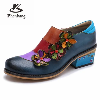 

Women Genuine cow leather Retro lady Pumps casual shoes vintage handmade oxford shoes for women blue 2019 spring