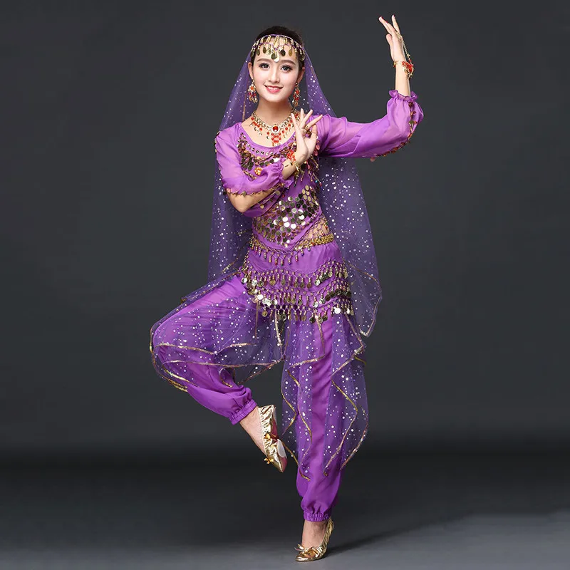Женская танцевальная одежда сари набор костюма для танца живота Болливуд индийские брюки костюм 5 шт.: топ, пояс, брюки, браслеты и вуаль - Цвет: purple long sleeves