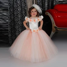 Lovely Puffy Orange Flower Girls Dresses For Wedding Ruched Scoop 2016 First Communion Kids Gowns With Flower Ball Gown Princess