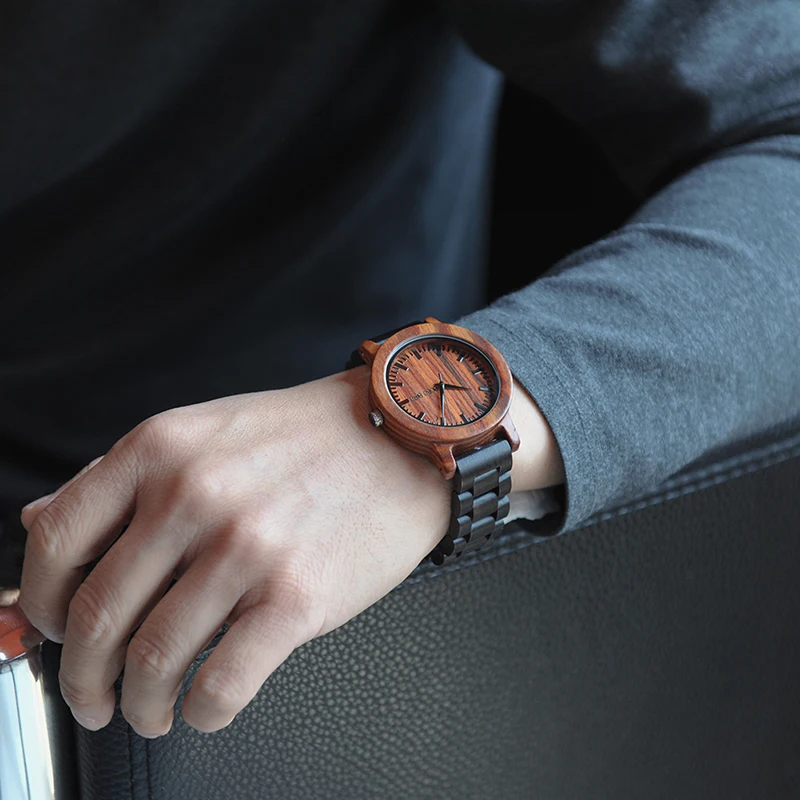 BOBO BIRD Antique Unique Design Mens Dress Red Sandalwood Quartz Watches with All Wooden Band in Gift Box Customized Logo
