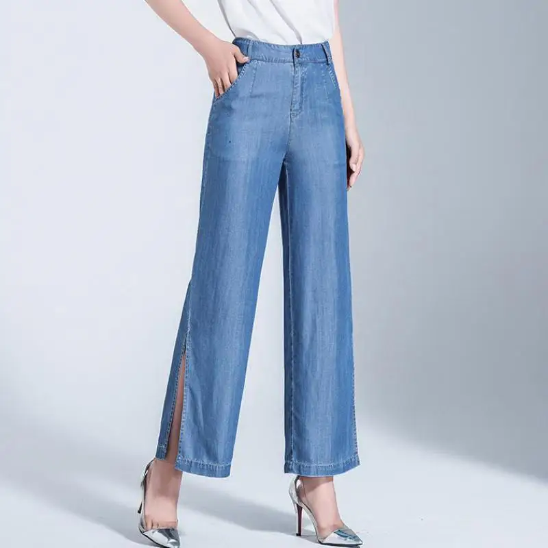 Summer Fall Casual Women Placket Wide Leg High Waist Blue