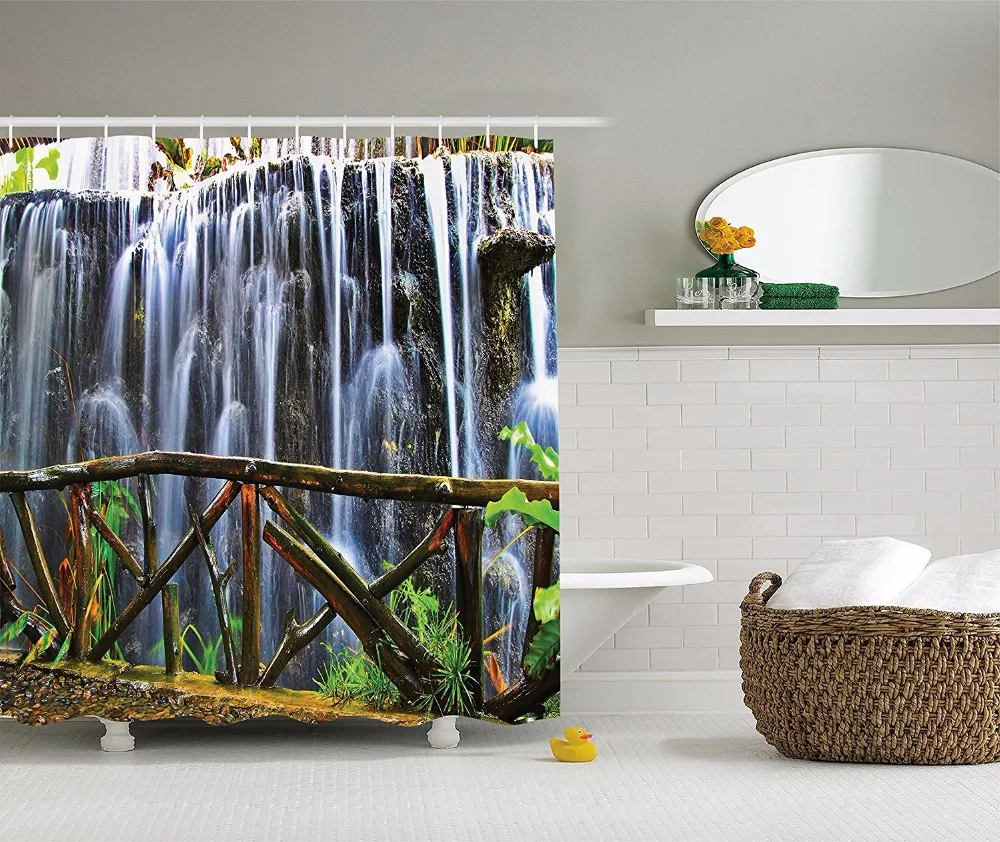 High Quality Arts Shower Curtains Waterfall Wooden fence Green leaves Bathroom Decorative Modern