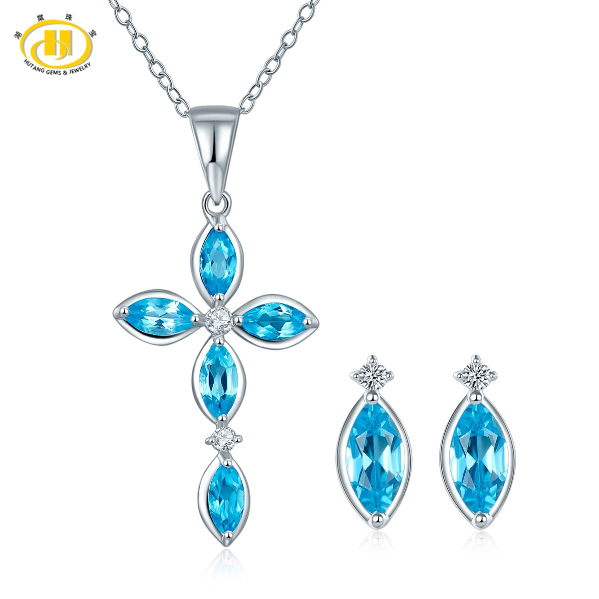 

Hutang Real Swiss Blue Topaz 925 Sterling Silver Cross Jewelry Sets Pendant & Earrings Gemstone Fine Jewelry for Women 2017 New