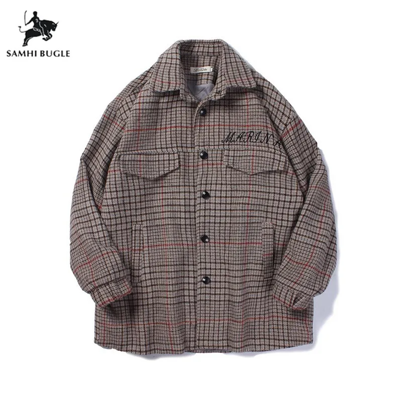 men clothes new spring autumn Loose Men's Casual Wool Coat Fashion lattice Overcoat Jacket Male Peacoat