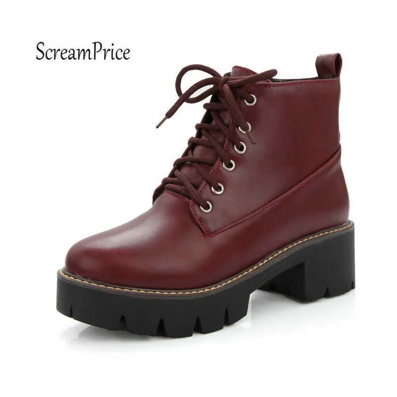 

2018 New Women's Thick High Heel Ankle Boots Platform Zip Lace Up Spring Fall Fashion Laides Shoes Red Black Brown
