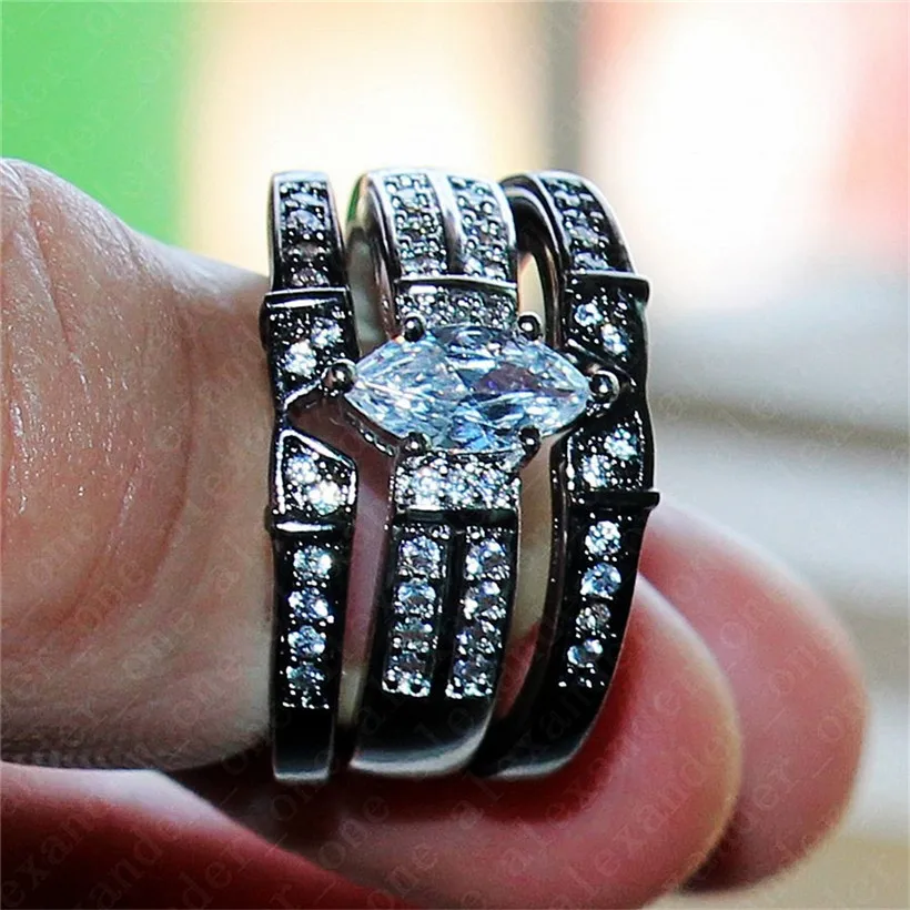 925 Silver Black gold Gemstone Rings Finger Lady Marquise Cut white Diamond cz Cocktail Rings Wedding Bride jewelry for Women