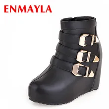 ENMAYLA 3 Colors Zippers Buckle Strap Round Toe Wedges High Heels Solid Motorcycle Ankle Boots for Women 2016 New Fashion Style цена ENMAYLA 3 Colors Zippers Buckle Strap Round Toe Wedges High Heels Solid Motorcycle Ankle Boots for Women 2016 New Fashion Style цены онлайн