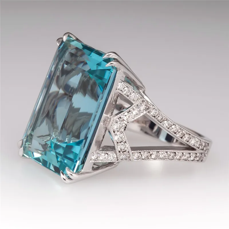 Роскошное женское кольцо большого синего цвета с серебряными кристаллами, большой циркон, каменное кольцо, свадебные ювелирные изделия, обещание на помолвку, кольца для женщин