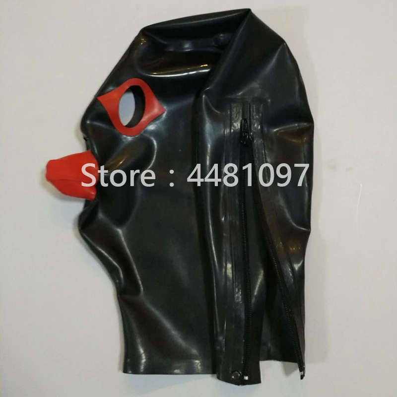 

Latex Mask Fetish Unisex Rubber Hood Mask with Red Mouth Sheath Tongue