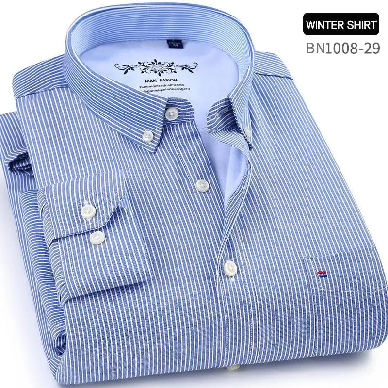 Winter mens work shirts striped solid color Long sleeve social men dress shirt oxford male shirts Plus size 4XL White color - Цвет: BN1008-29