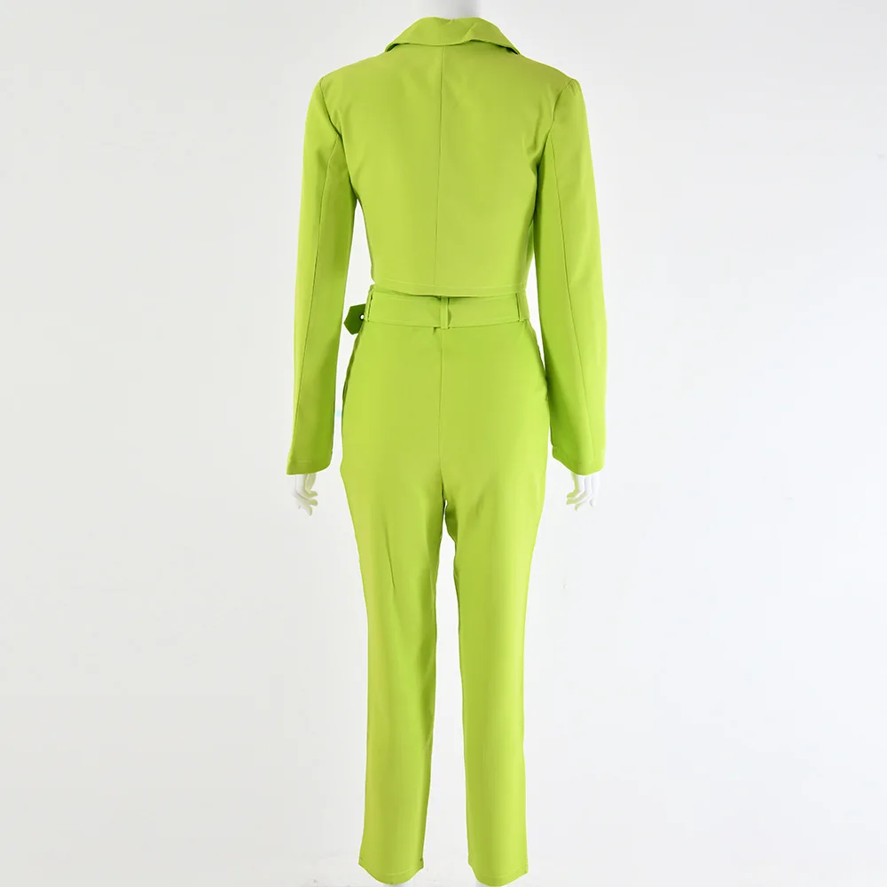 Блейзер из двух частей, женский костюм, модный флуоресцентный зеленый однотонный облегающий пиджак и брюки, Женский комплект, деловой пиджак, комплект слаксов