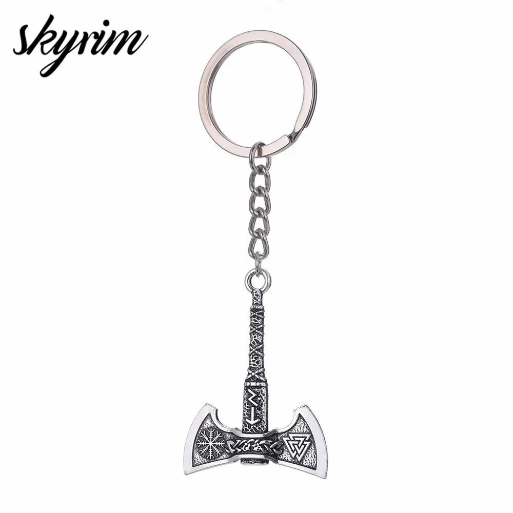 

Skyrim Vintage Jewelry Nordic Viking Valknut Axe Amulet Charm Pendant key chain Safety customize keychain For Women Gift