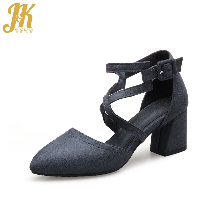 

J&K 2017 New Style Thick Heeled Shoes Woman Fashion Sexy Pointed Toe  Women Shoes Sandals Cross Strap Sandals Big Size 32-43