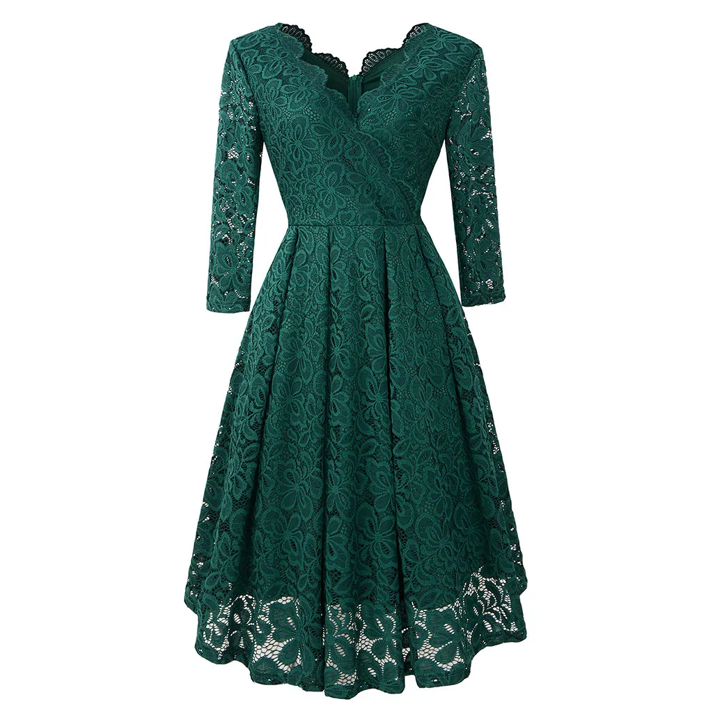 Women V Neck Lace Dress Green Ladies Long Sleeve Sexy Evening Party ...