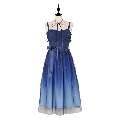 FLONAKED★Dark blue starry sky embroidered suspender dress Stary Sky Gradient Blue Women's Summer Suspender Dress