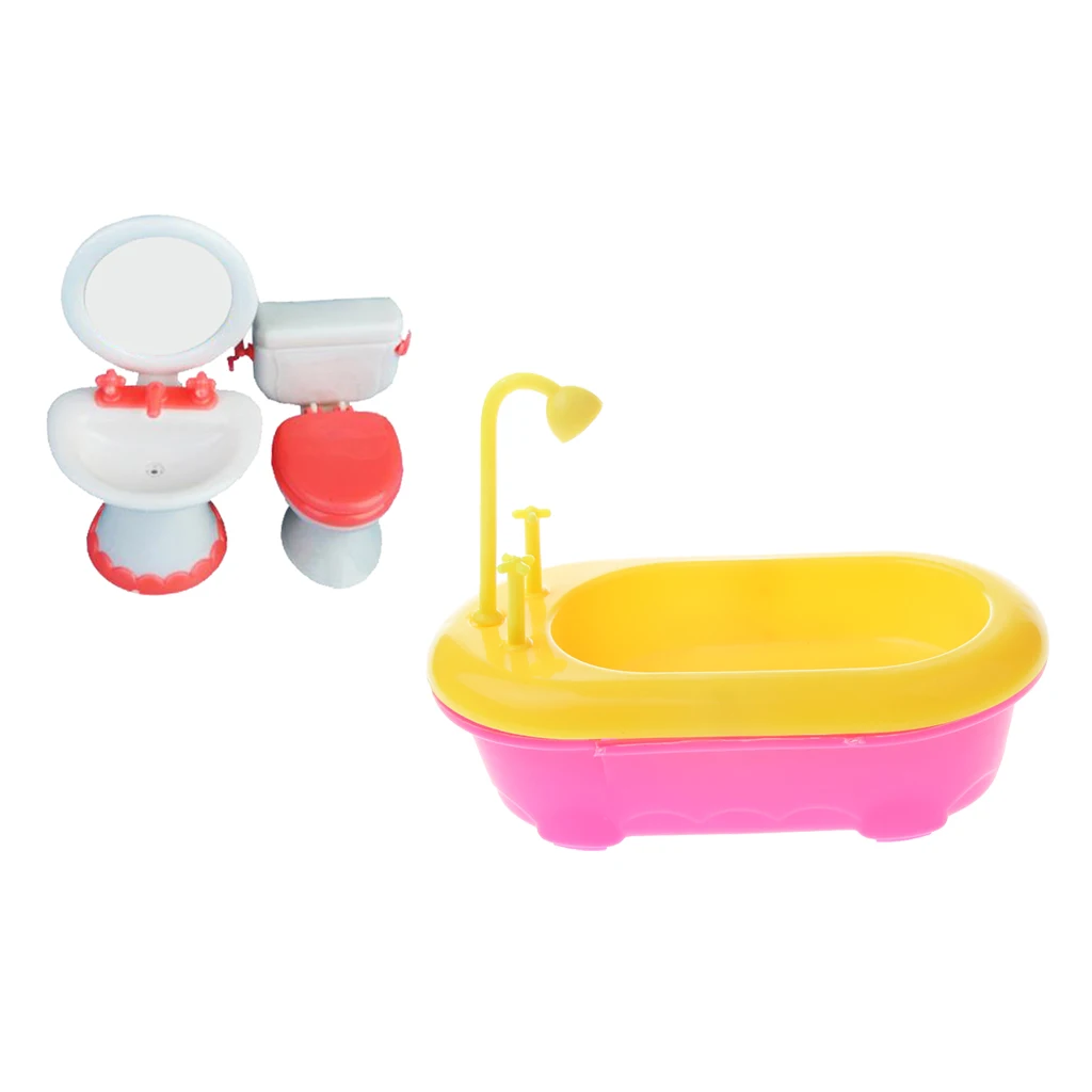 Miniature Bathroom Set Bathtub Toilet Basin for Doll House Accessory