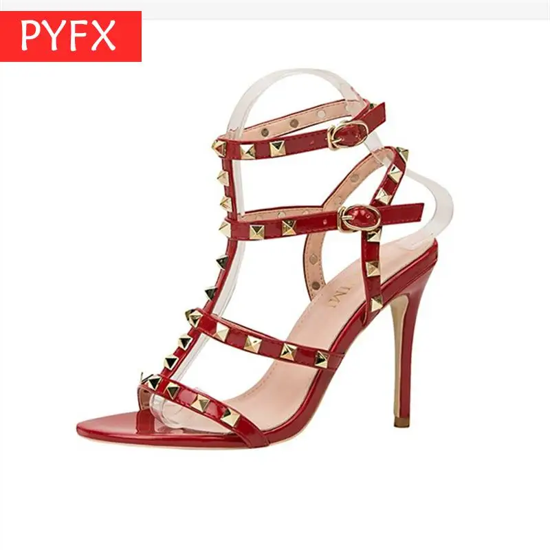 

Summer super high heel women's shoes European American style sexy patent leather metal Rivets Star love most Roman sandals