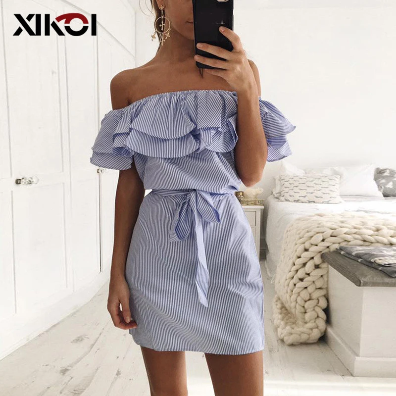 

XIKOI Slash Neck Dress Summer Women Striped Tunic Women's Casual Sundresses Butterfly Sleeve Mini Dresses With Sashes Vestidos