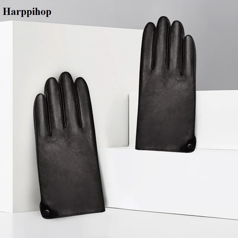 Осень зима новые мужские перчатки из натуральной кожи sheekskin кожа кнопка черный коричневый теплые модные повседневные для вождения Harppihop