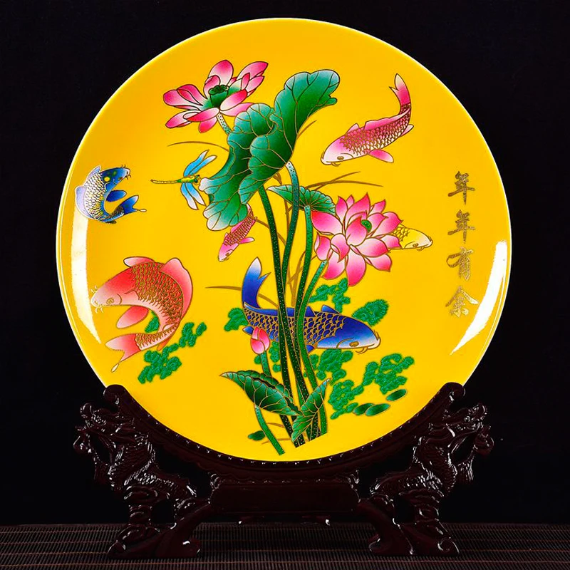 

Birds' Twitter And Fragrance Home Decor Ceramic Ornamental Plate Chinese Decoration Plate Wood Base Porcelain Plate Wedding Gift